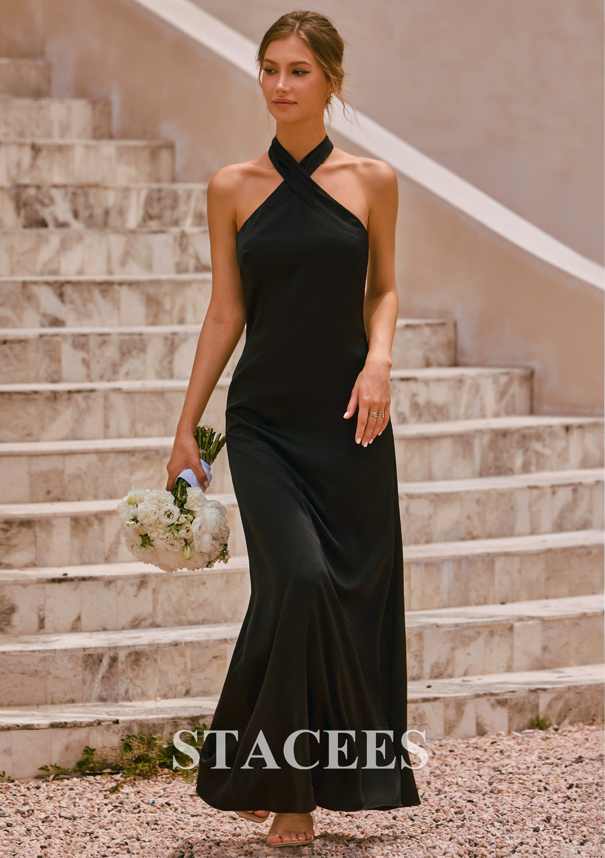 long black satin bridesmaid dresses Azazie Jesaphine