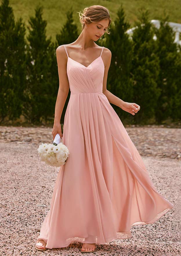 pink gypsy bridesmaid dresses BABARONI BABARONI Chiffon Dusty Rose Bridesmaid Dresses V-neck Floor-length Spaghetti Straps Sash with Slit A-line, Dusty Rose / US0