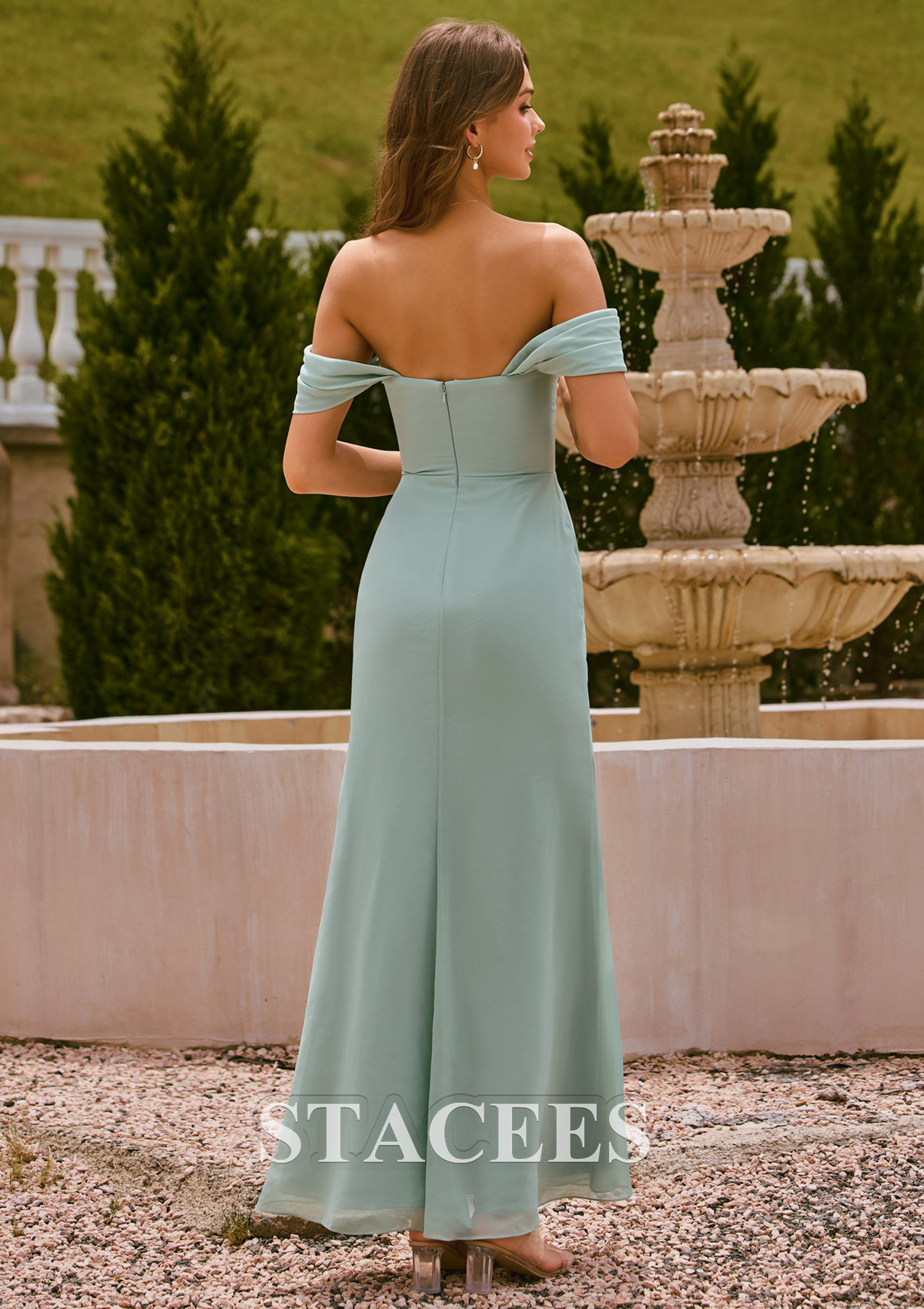 sheath/column cowl neck sleeveless chiffon bridesmaid dresses with pleated split Blue Floral A-Line Cowl Sleeveless Slit Long Chiffon Bridesmaid Dresses