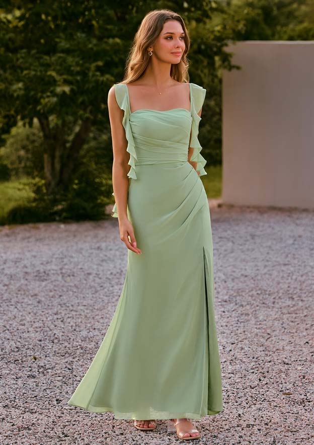 Sheath Ruffled-Straps Chiffon Bridesmaid Dress with Pleats
