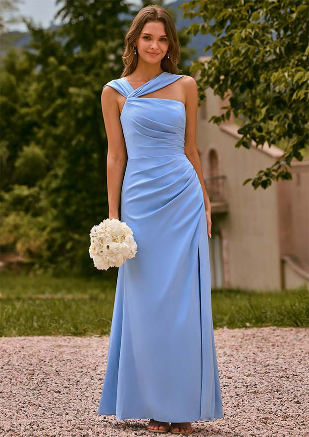 light blue one shoulder bridesmaid dress Stacees One-Shoulder Ruched Grape Bridesmaid Dress with Tie-bow Back