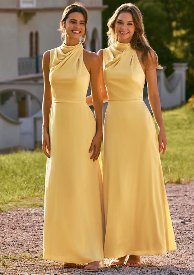 Sheath High-Neck Stretch Satin Floor-Length Bridesmaid Dress with Keyhole Back