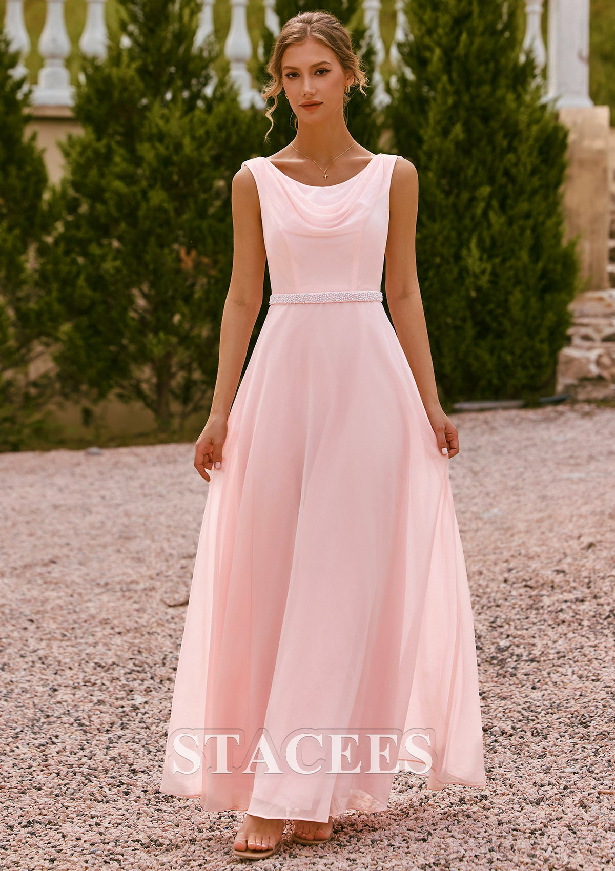 cowl neck chiffon bridesmaid dress with slit Cowl Neck Chiffon Bridesmaid Dress with Slit