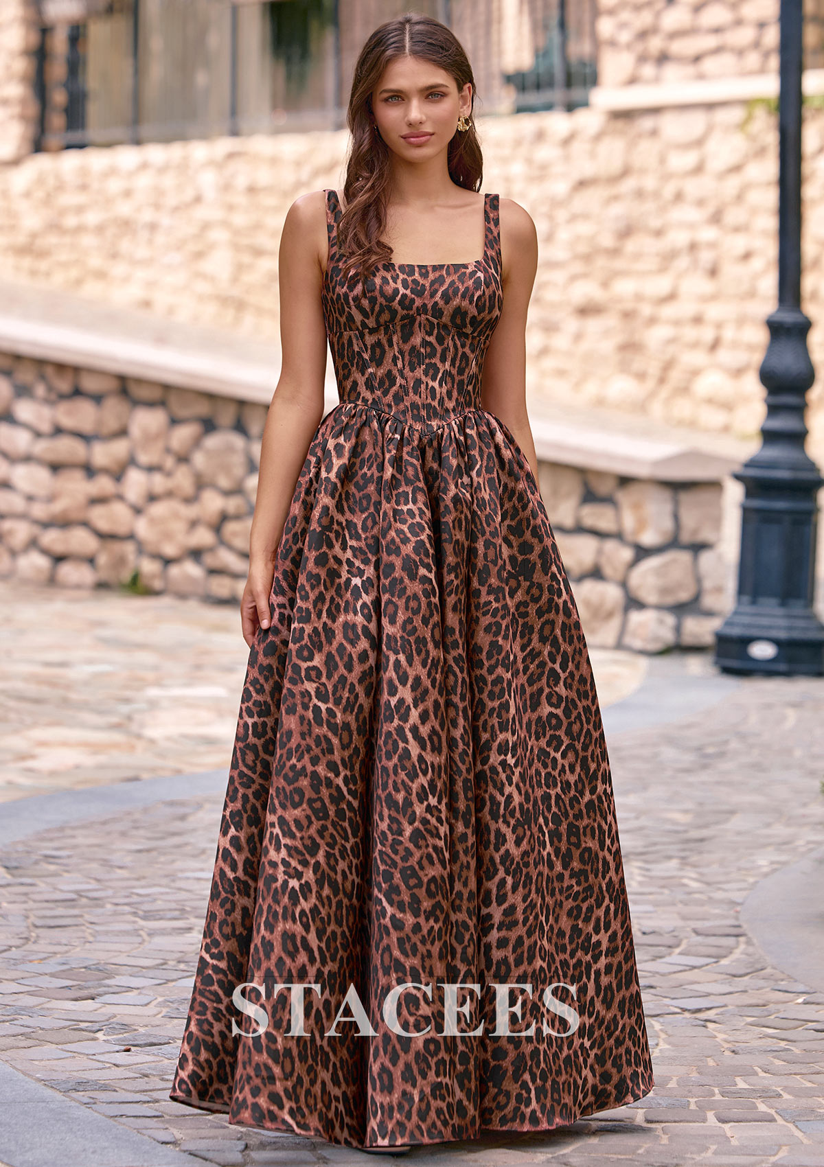 Cheetah Print Leopard Print A-line Square Neckline Prom Dress with Pockets - STACEES