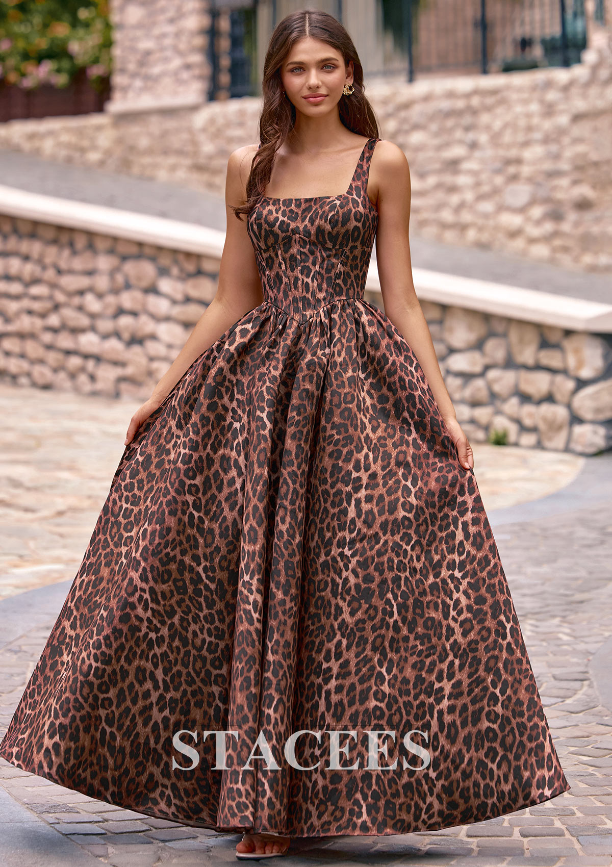 Cheetah Print Leopard Print A-line Square Neckline Prom Dress with Pockets - STACEES