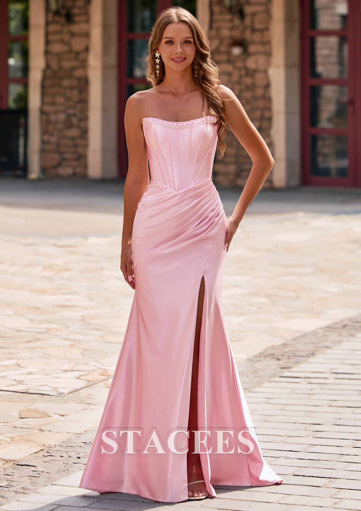 pink dress with pearl straps Pearl Pink Satin Cowl Neck Bridesmaid Dress Sheath Floor-Length