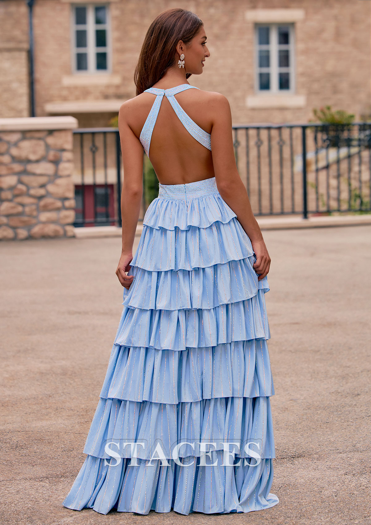 Sky Blue Sparkly A-line Tiered Ruffle Ombre Hot Fix Prom Dress with Plunging V-Neck Slit - STACEES