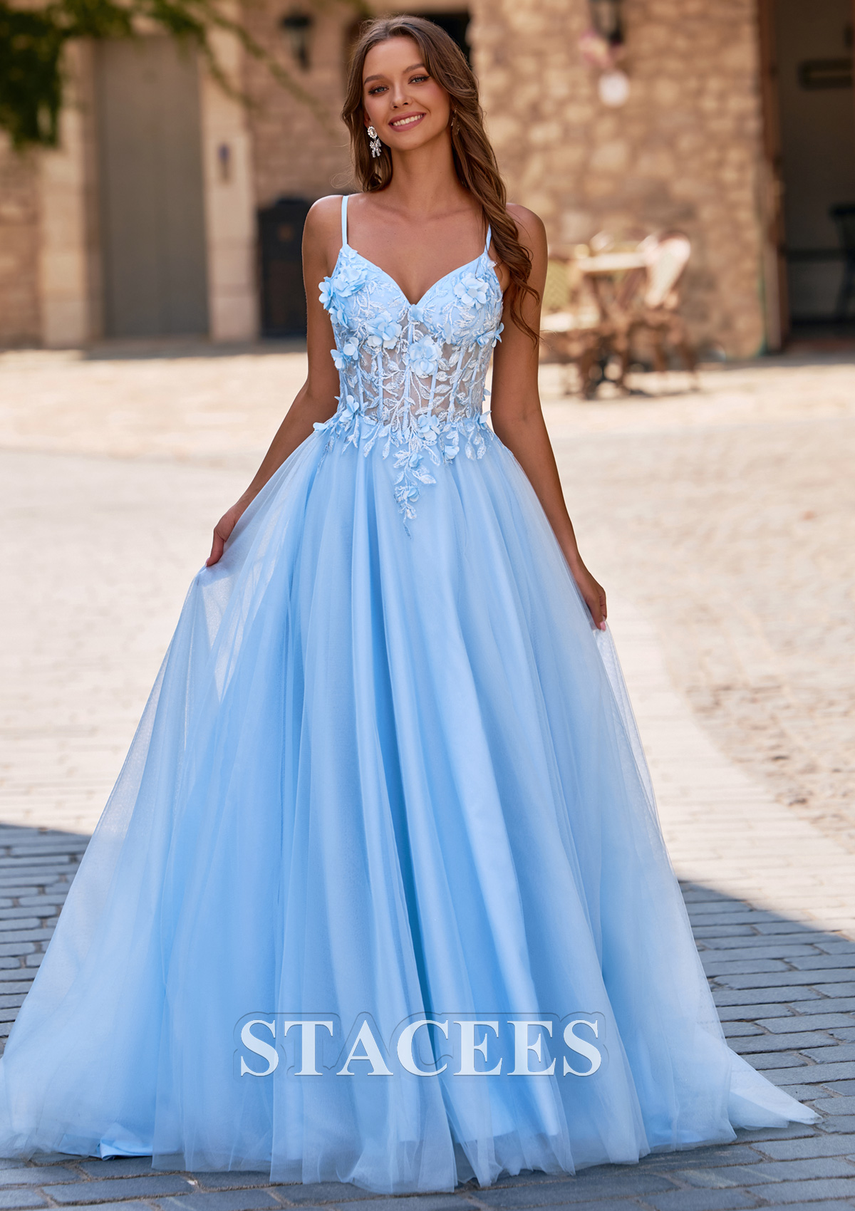 Sky Blue Ball Gown 3D Floral Applique Sheer Corset Tulle Prom Dress with Lace-Up Back - STACEES