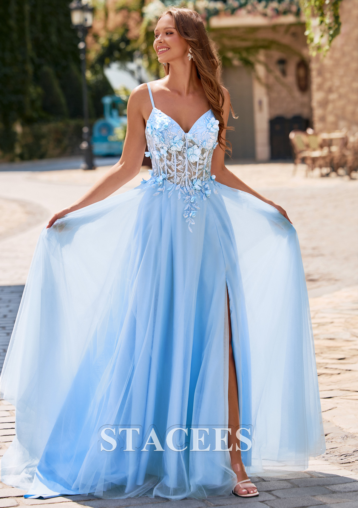Sky Blue Ball Gown 3D Floral Applique Sheer Corset Tulle Prom Dress with Lace-Up Back - STACEES