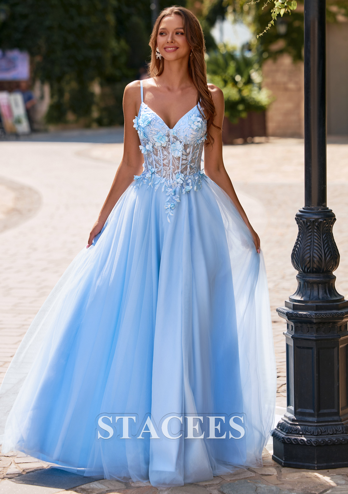 Sky Blue Ball Gown 3D Floral Applique Sheer Corset Tulle Prom Dress with Lace-Up Back - STACEES