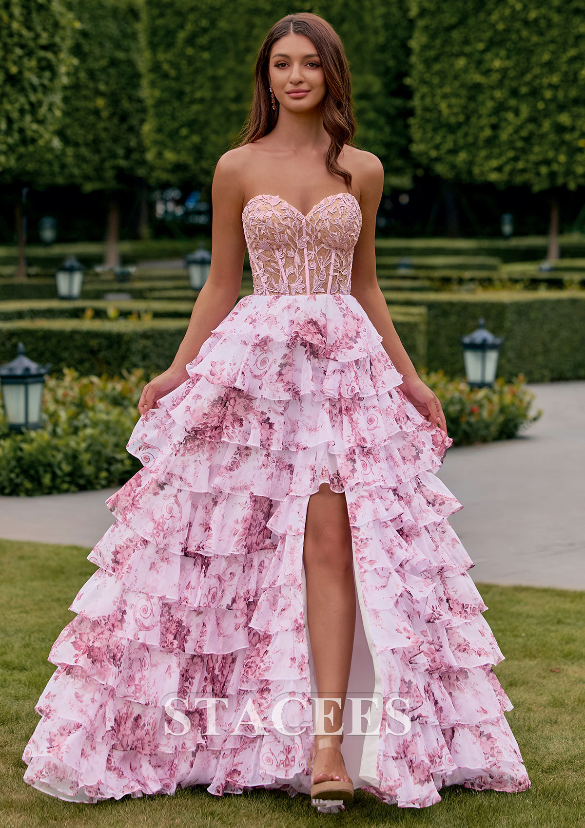 Blushing Pink Floral Floral Print A-line Strapless Beaded Lace Corset Ruffle Prom Dress with Slit - STACEES