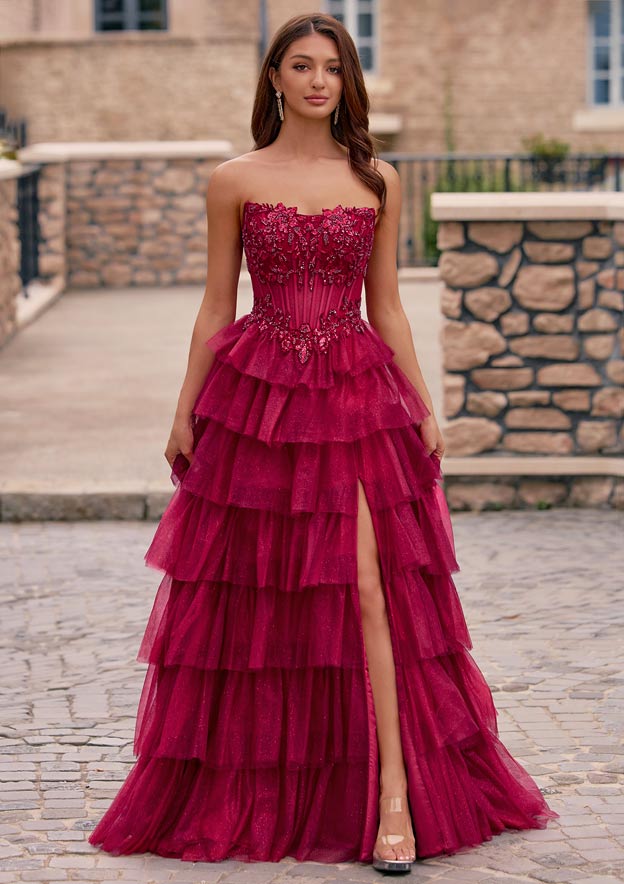 A-line Strapless Embellished Corset Tiered Ruffle Glitter Tulle Prom Dress with Slit