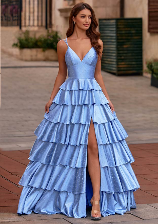 Sparkly Hot Fix A-line V Neck Corset Tiered Ruffle Prom Dress with Slit