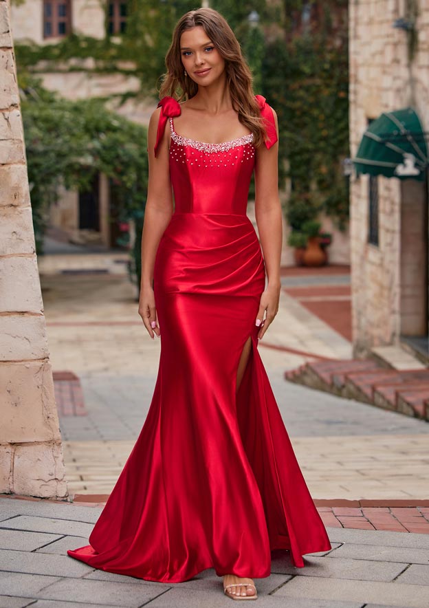 beaded scoop neck prom dress Mermaid Ruched Slit with Bow Straps S8852P - Prom Dresses Color:Leopard Tan available_UK Size 8 Halter Neck Gown With Satin Fabric Color