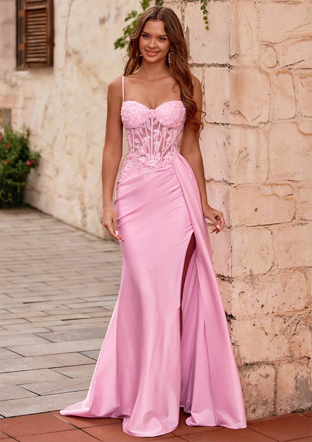 Mermaid V Neck Sheer Beaded Corset Slit Prom Dress with Side Draping