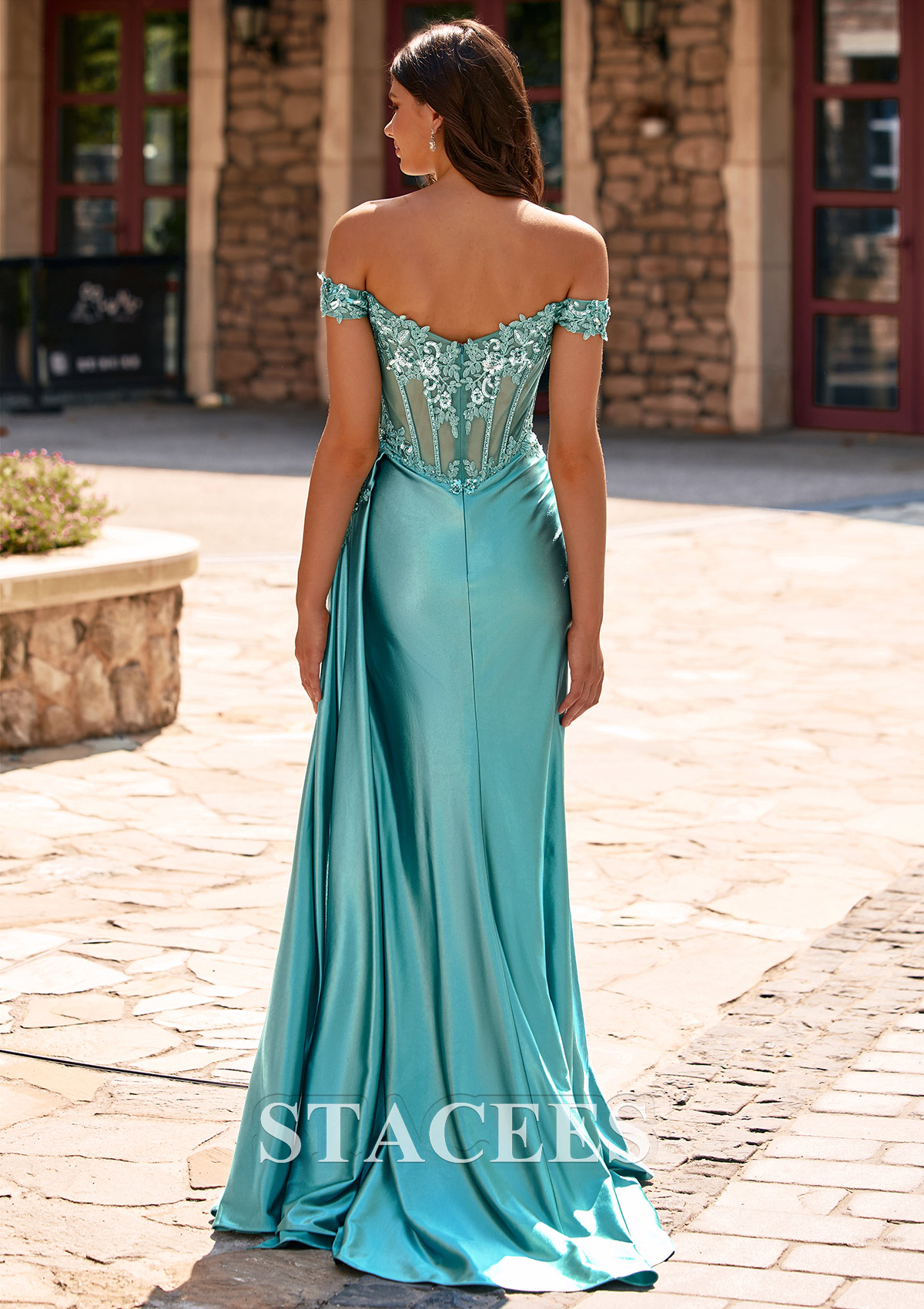 Agave Green Fitted Off-the-Shoulder Lace Appliqued Corset Slit Prom Dress with Side Drape - STACEES