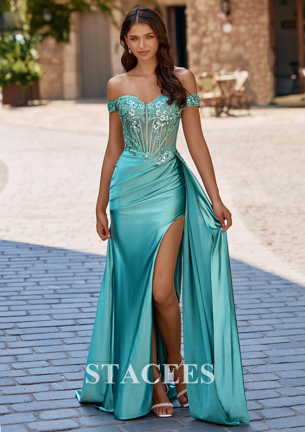 off shoulder evening dresses gowns Stacees 2026 A-line Cold-Shoulder Slit Long Prom Dress with Appliques