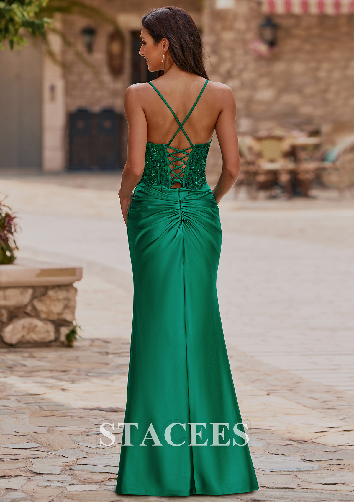 Dark Green Fitted Scoop Neck Embroidered Lace Corset Floor-Length Slit Prom Dress - STACEES