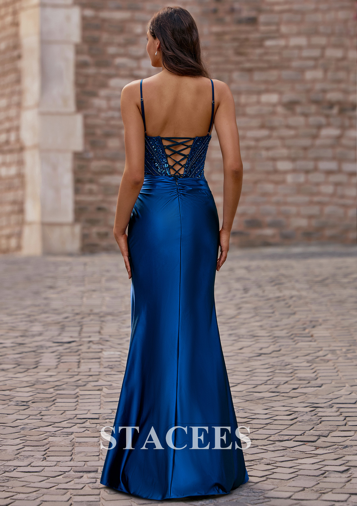 Navy Blue Slim Spaghetti Straps Beaded Corset Draped Prom Dress with Slit - STACEES