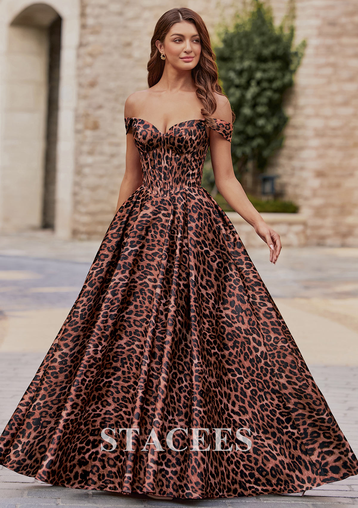 Cheetah Print Vestido línea a hombros descubiertos satén hasta el suelo vestido de graduación - STACEES
