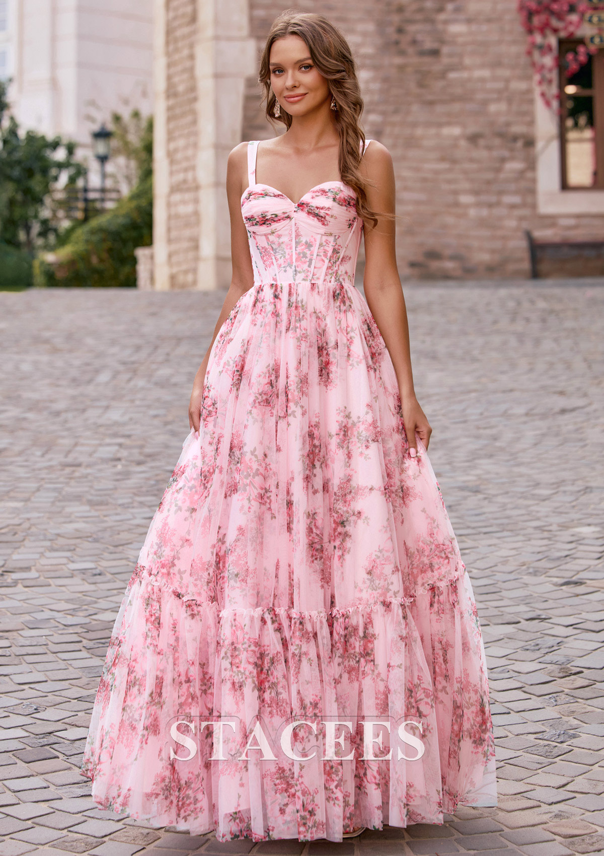 Blushing Pink Floral Floral Print Sweetheart Corset A-Line Tulle Floor-Length Prom Dress with Ruffles - STACEES