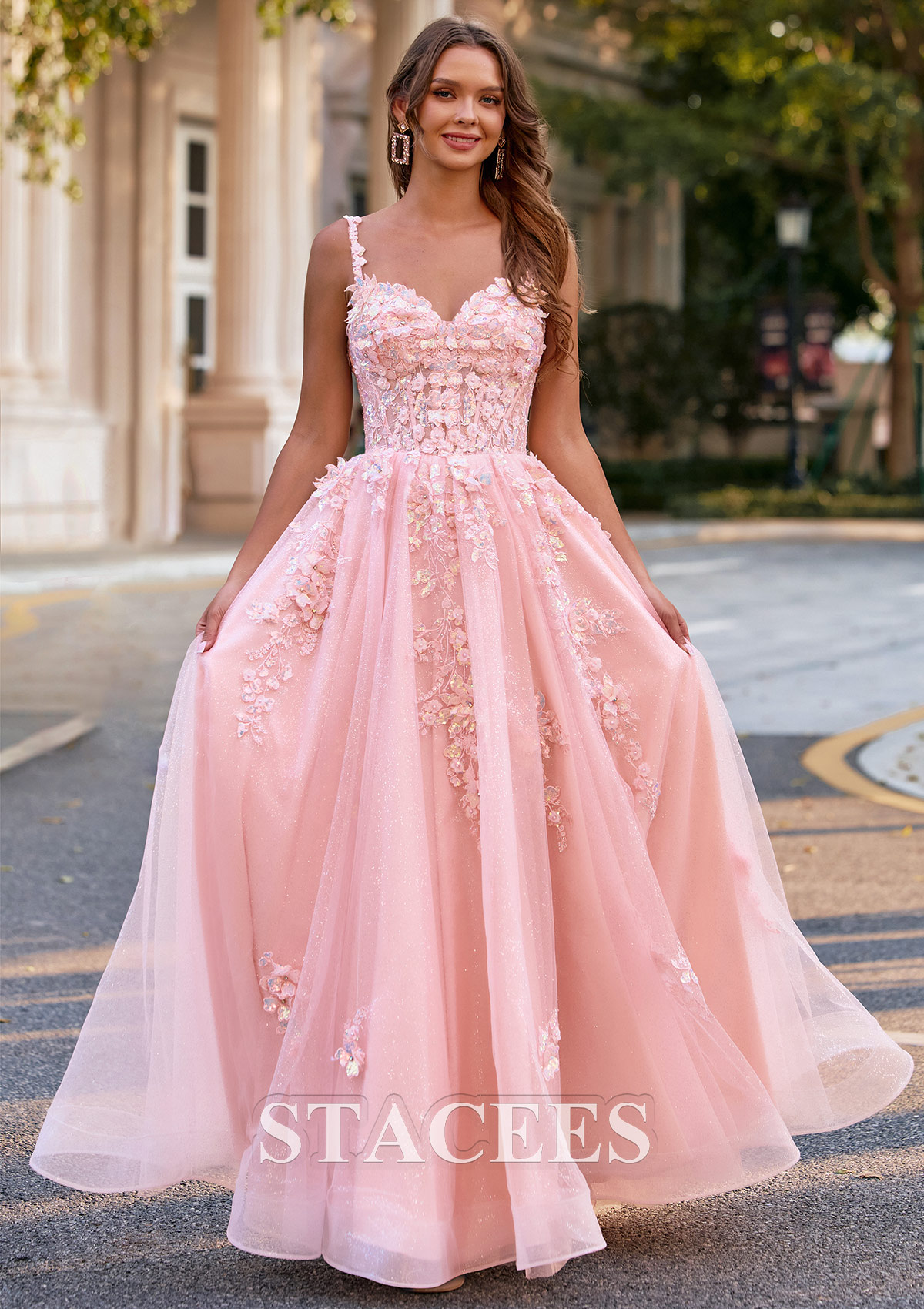 a line floor length prom dress Stacees 2026 Strapless Sage Floral Print A-Line Prom Dress with Beaded Neck
