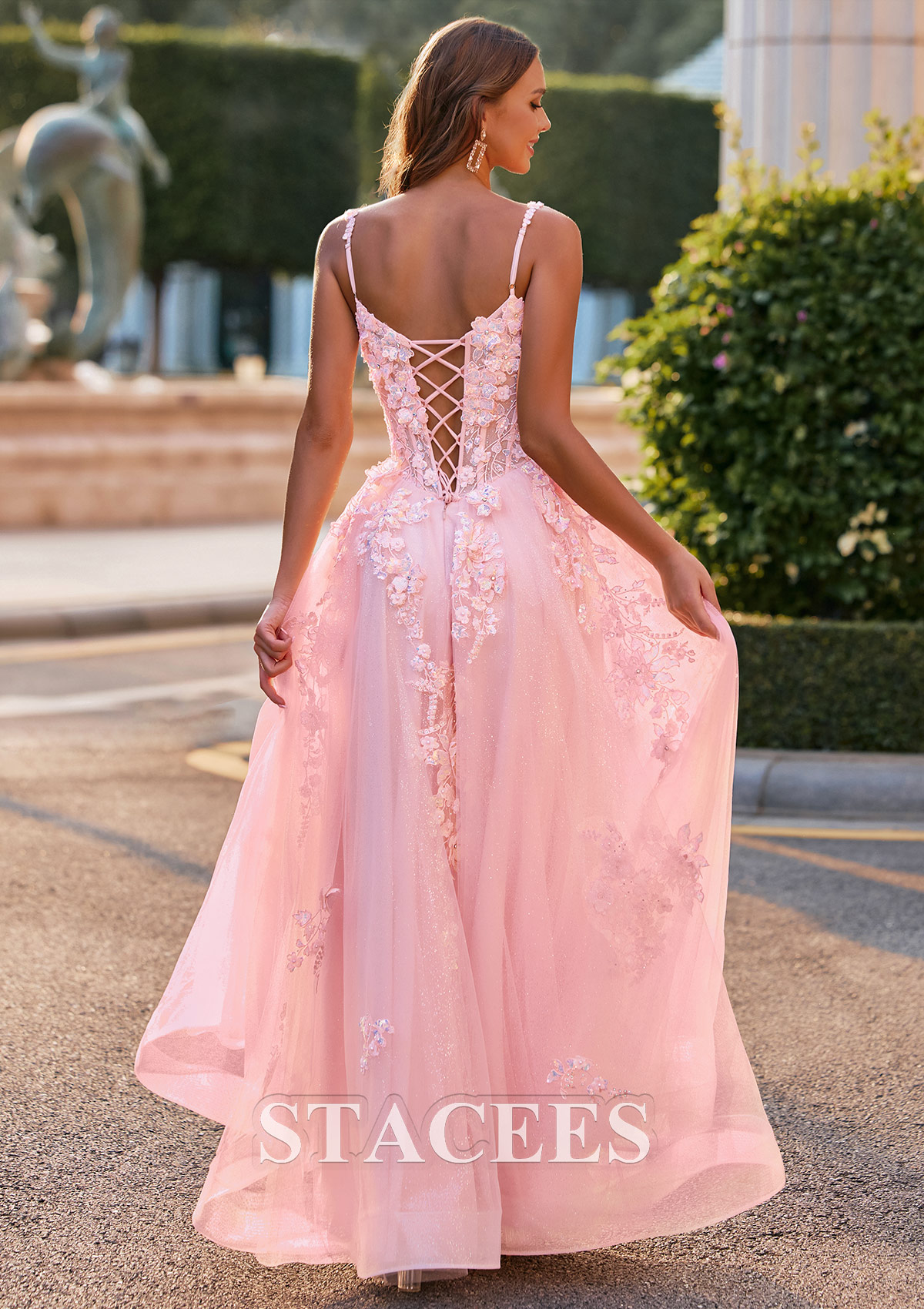 Rosa Blush Vestido línea a cuello de corazón tul hasta el suelo vestido de graduación - STACEES
