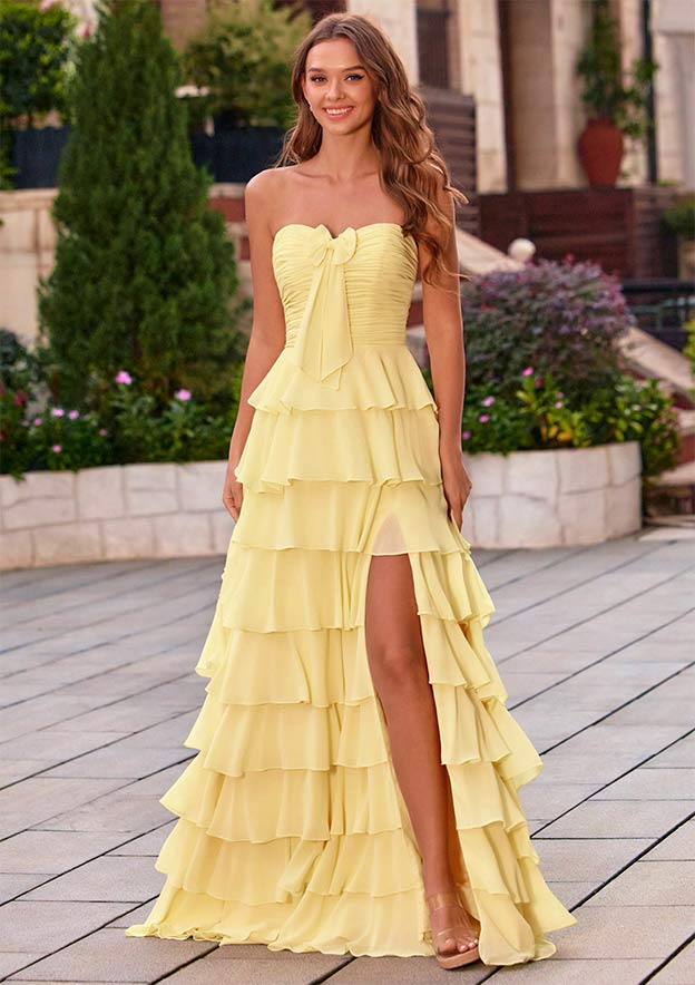 sweetheart ruched ruffled formal dress Stacees 2026 Strapless Yellow Ruffle Tiered Prom with Bow and Slit Halloween Pre-2026