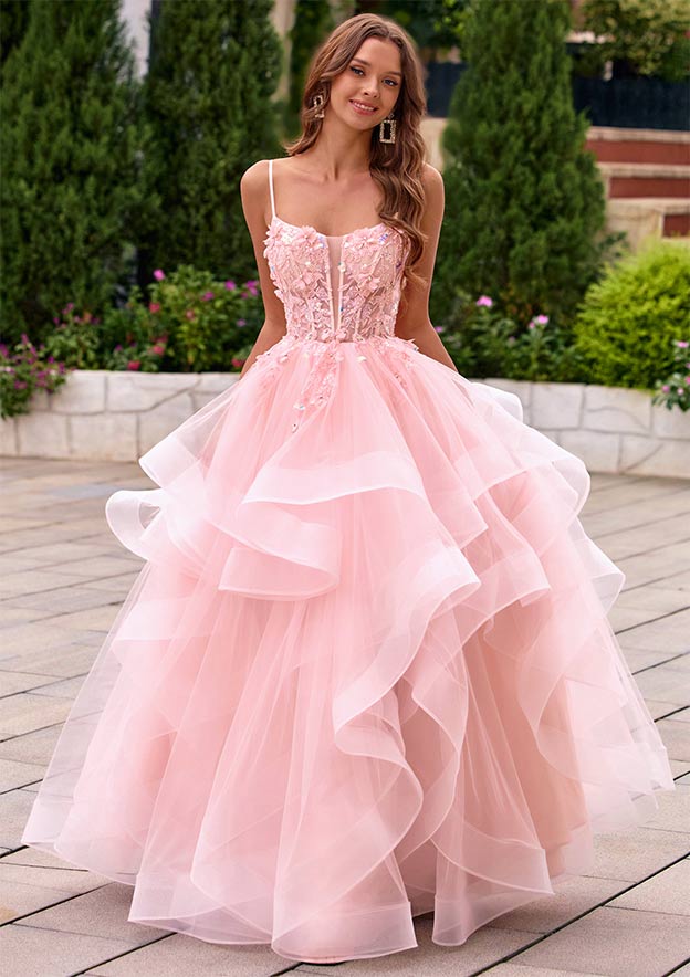 Ball Gown Ruffled Layers Tulle Prom Dress with 3D Floral Applique Sheer Corset