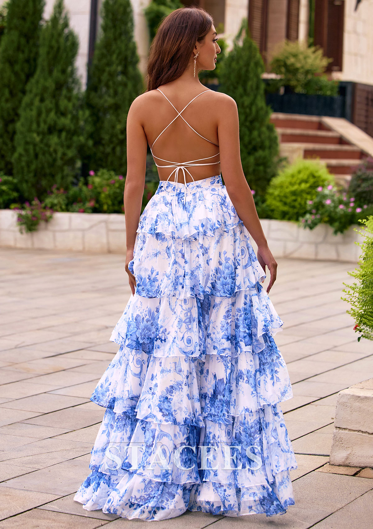 2 piece blue floral prom dress Two Piece Floral Print Navy Blue Long Prom Dress FancyVestido