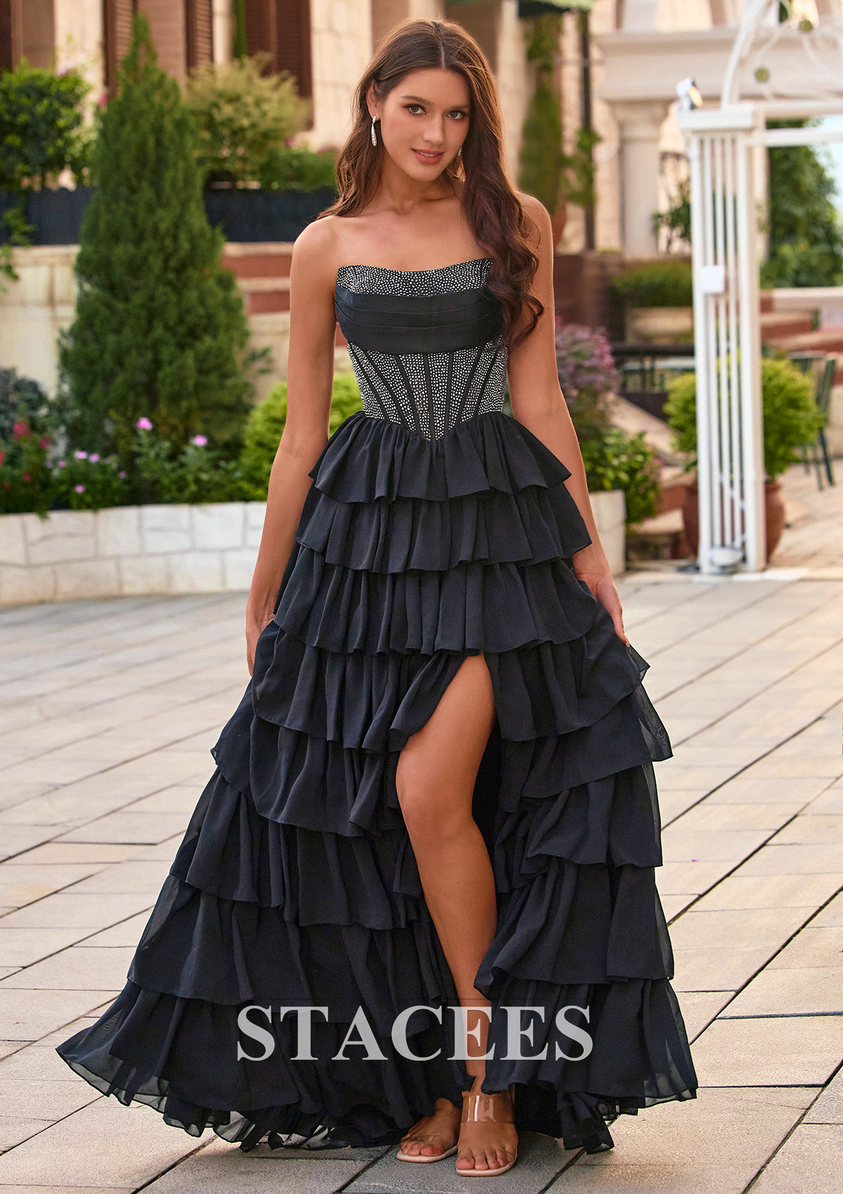 Strapless Ruched A-line Hotfix Corset Tiered Ruffle Chiffon Prom