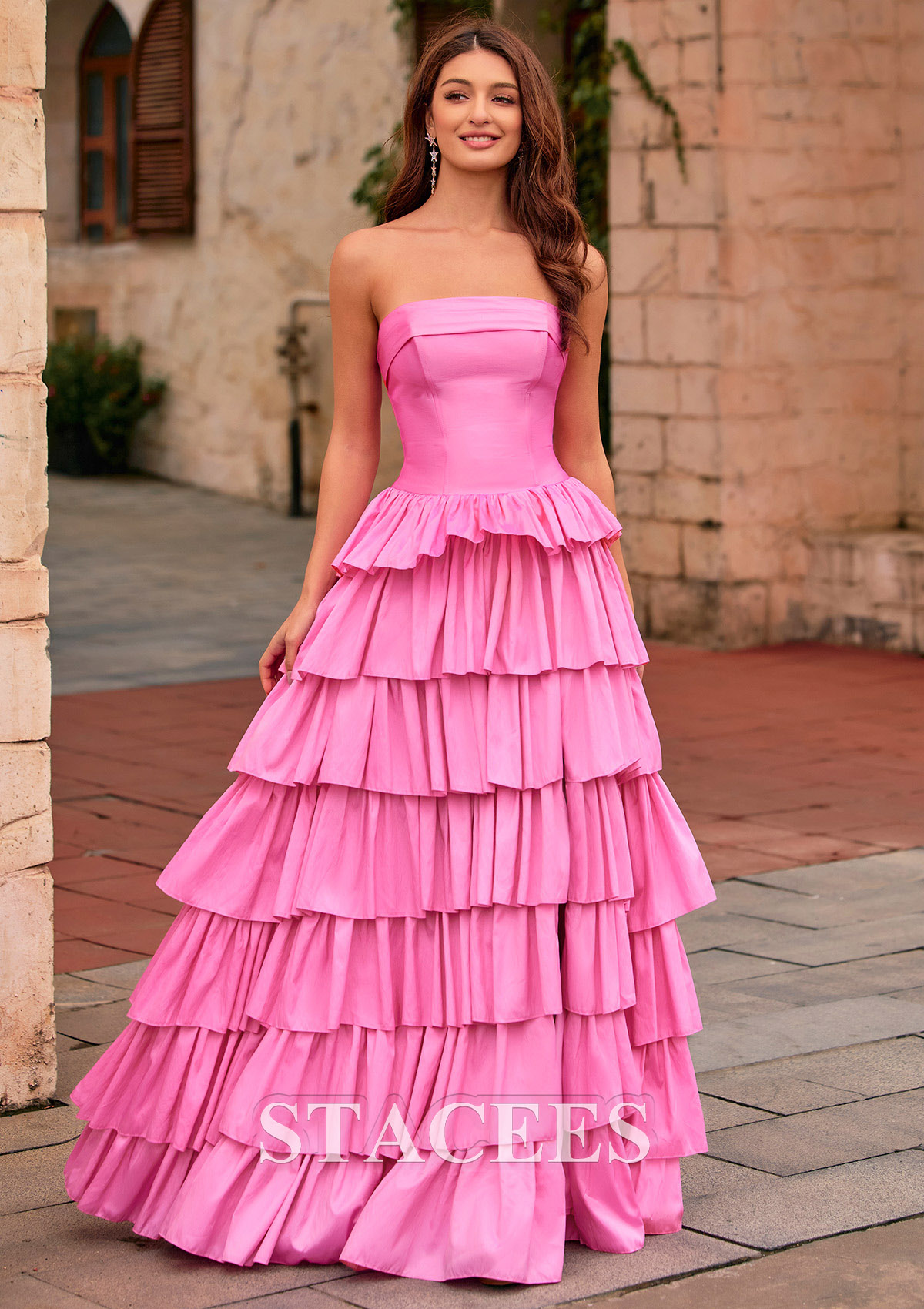 pink dress with ruffles at the bottom Strapless Mermaid Gown Sculpted Ruffle Detail 49548 Hang Or Line Dry Strappy Ruffle Hem Detail Mini