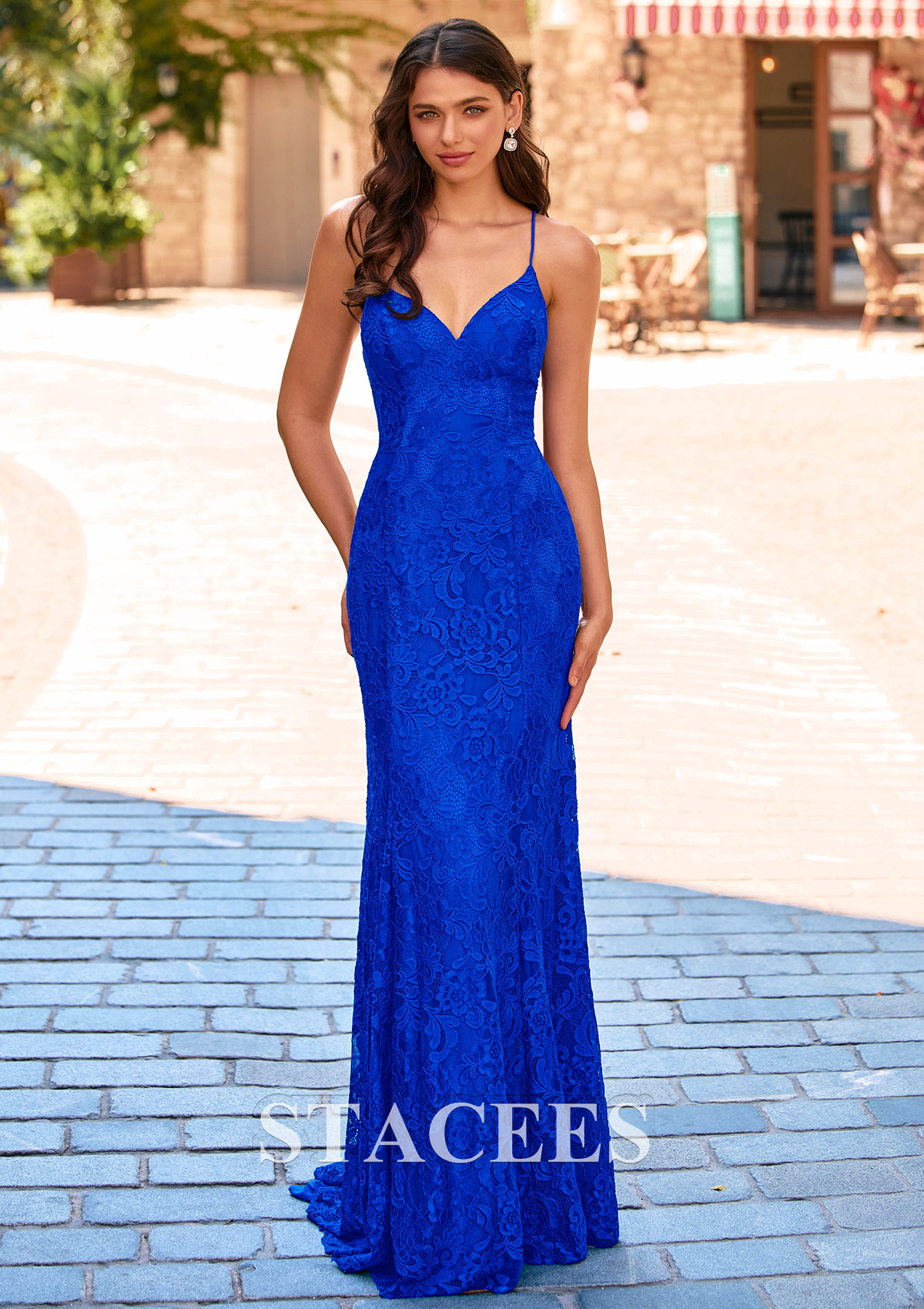 Ocean Blue Sheath Lace Spaghetti Strap Prom Dress with Lace-Up Back - STACEES