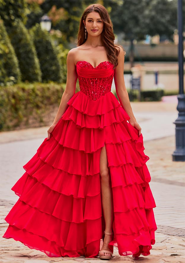 chiffon prom dress with embellished-lace bodice Jasminiah Blue Pearl-Embellished Lace/Chiffon Prom Dress