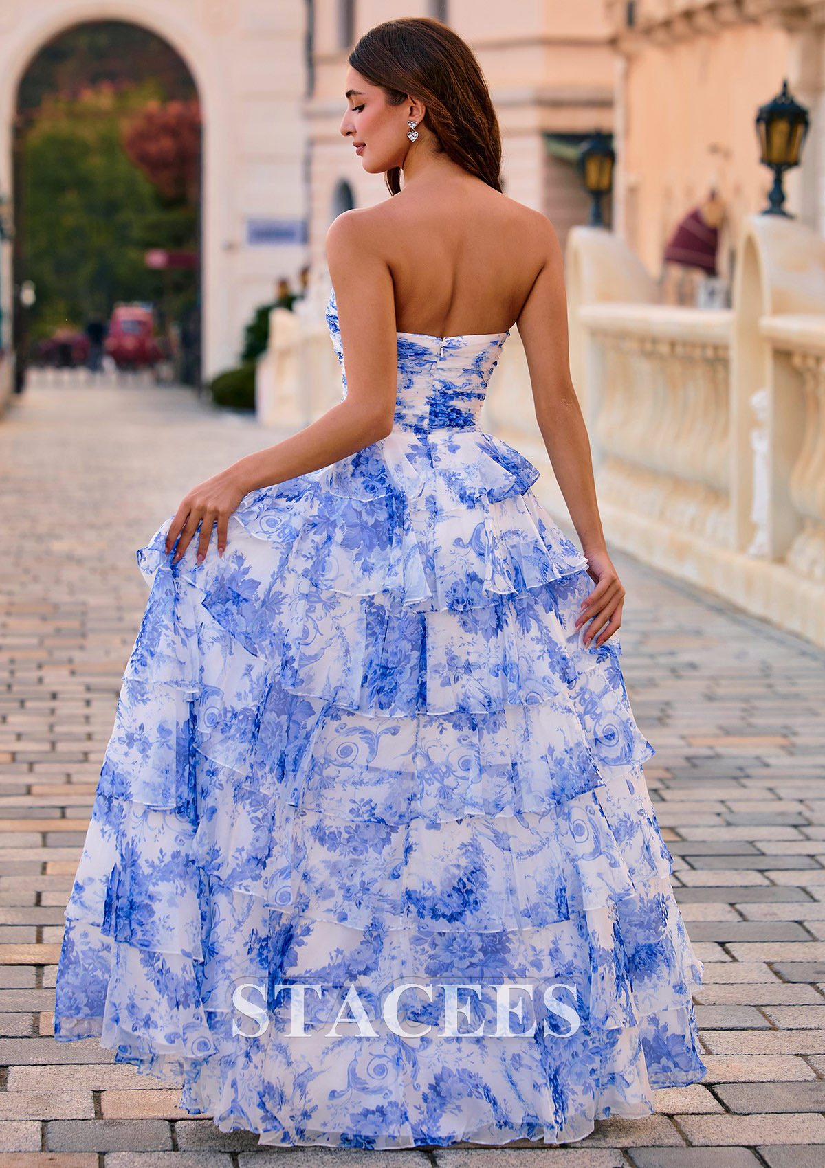 a line blue floral dress Stacees 2026 Blue White Floral Print Prom Dress Strapless Cutouts Tiered Ruffle