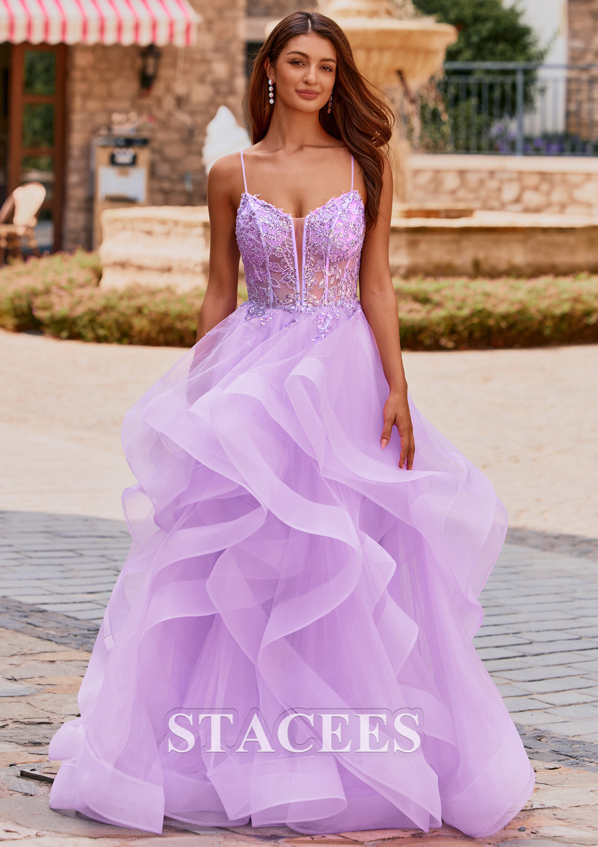 Lilac Ball Gown V Neck Beading Sequins Corset Ruffled Tulle Prom Dress - STACEES