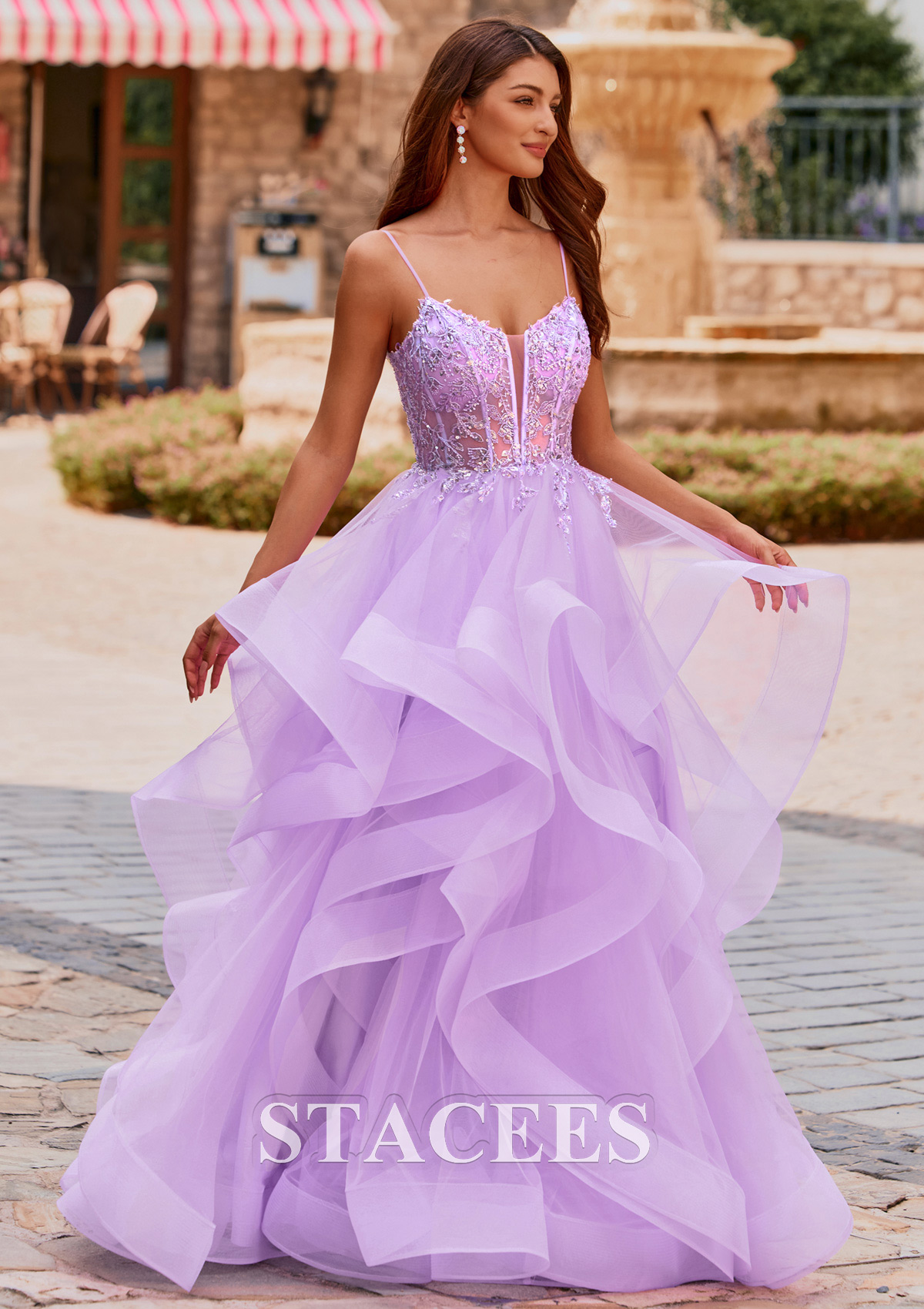 Lilac Ball Gown V Neck Beading Sequins Corset Ruffled Tulle Prom Dress - STACEES