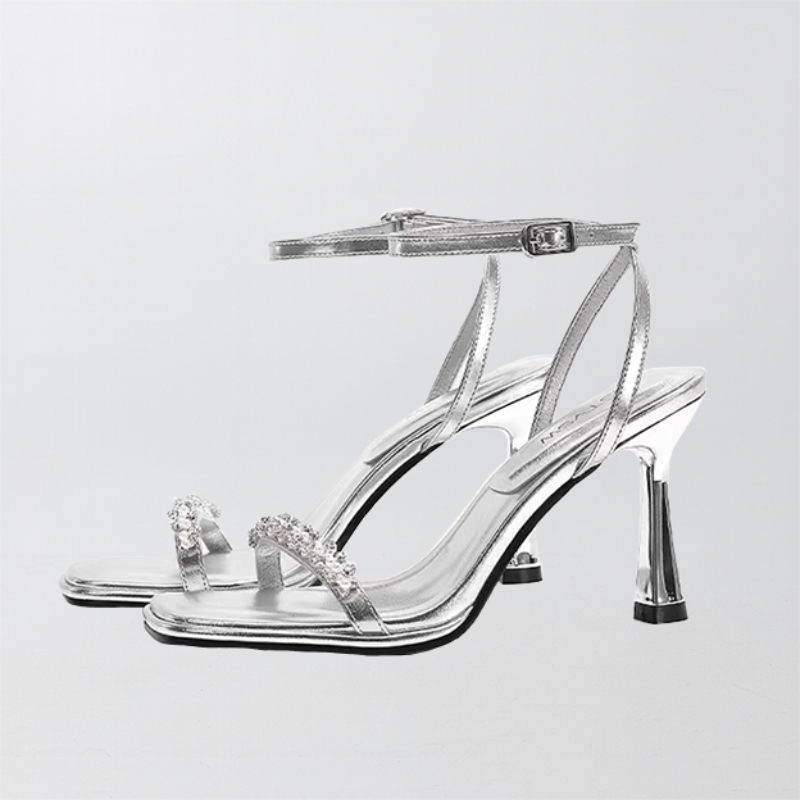 Silver Square Toe Heels Microfiber Leather with Ankle Strap Beaded Rhinestone Girl's Graduation Prom Shoes - STACEES
