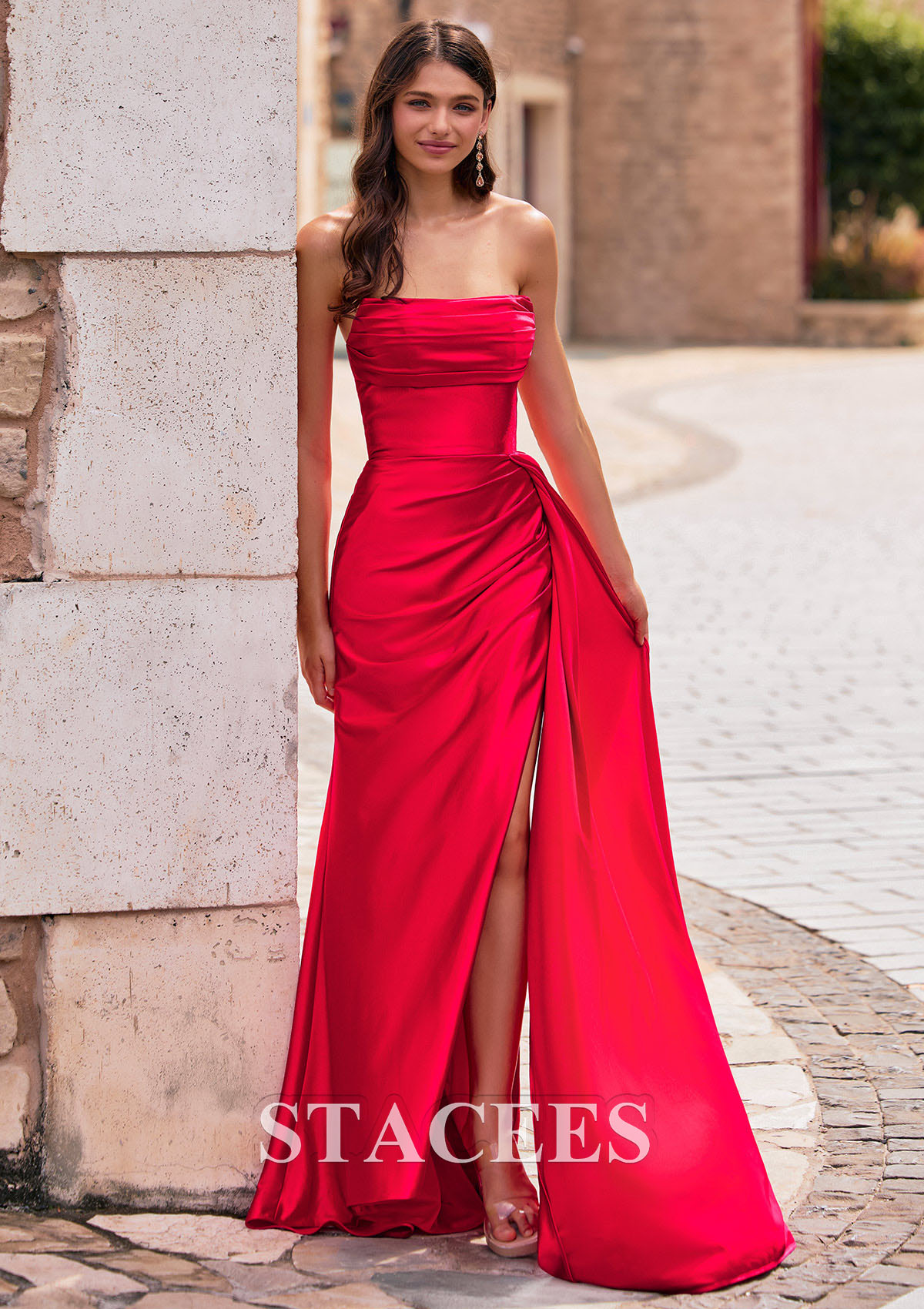 red strapless corset prom dress Orange A Line Strapless Chiffon Beaded Corset Long Prom Dress With Slit, Red / 18