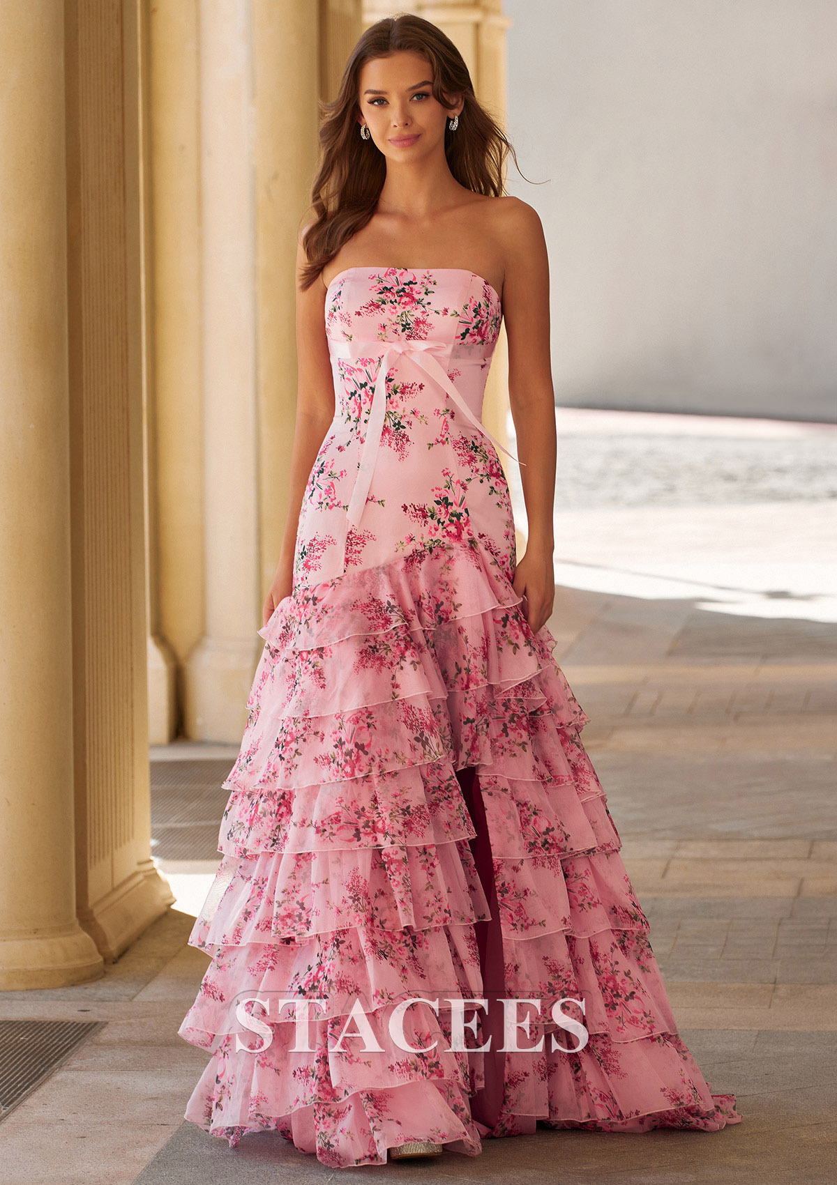 prom dress with skirt attached A-line Floral Strapless Ruffled Prom Dress with Tiered Skirt and Slit  S9047P - Prom Dresses