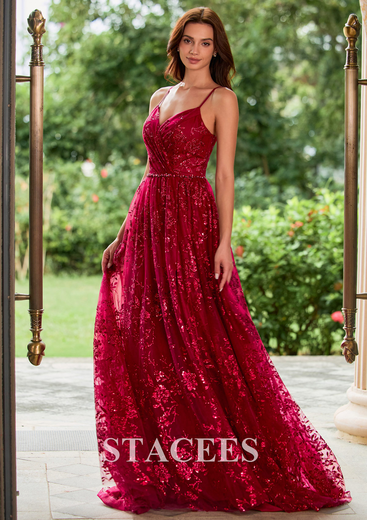 Burgundy Floral Sequin Glitter A-line Slit Prom Dress with Beaded Waistband - STACEES