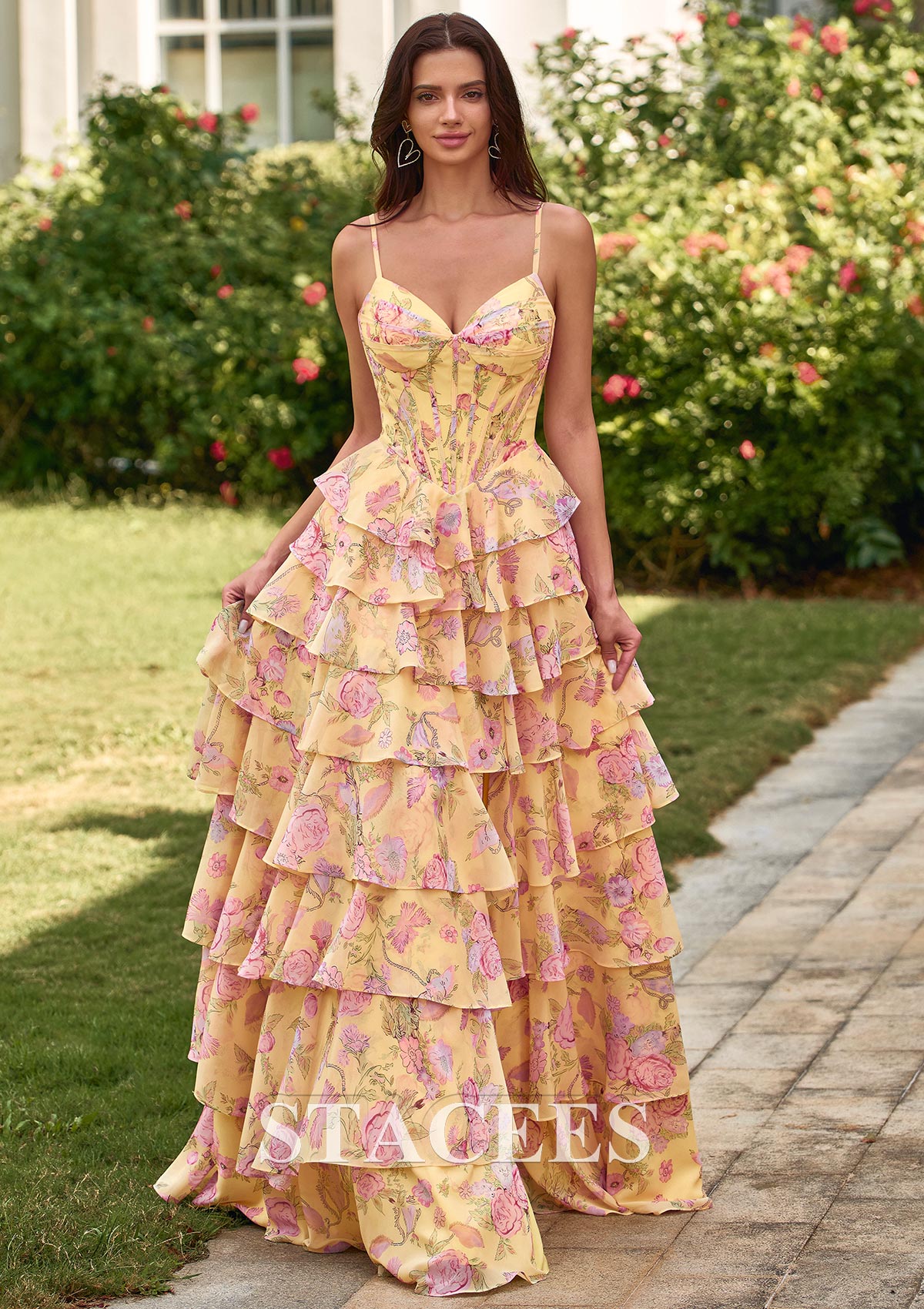 Yellow Floral A‑Line Floral Print V Neck Corset Tiered Ruffle Prom Dress with Slit - STACEES