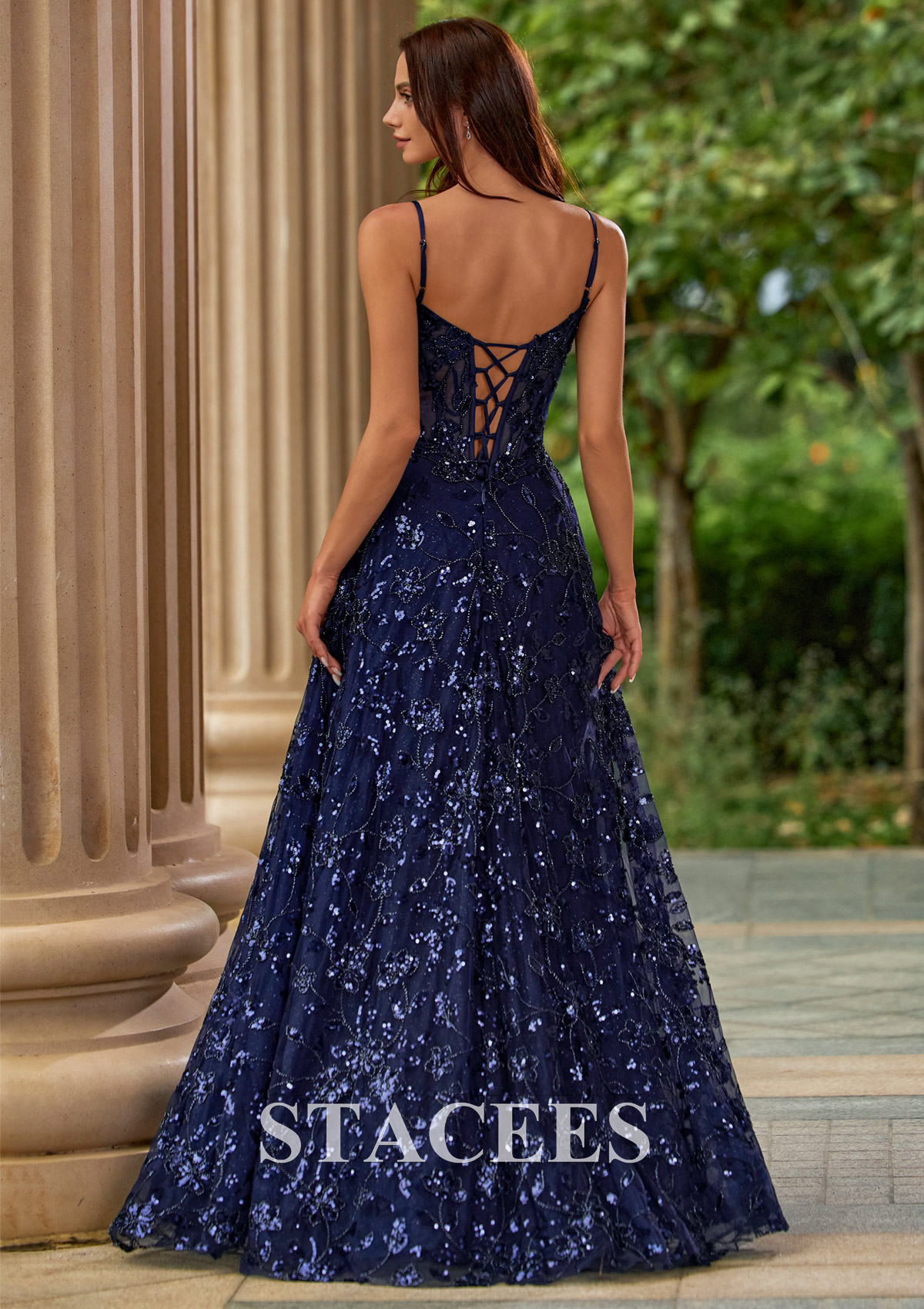 prom dresses lace up Royal Blue Lace Lace-Up Long Prom Dress  Modsele
