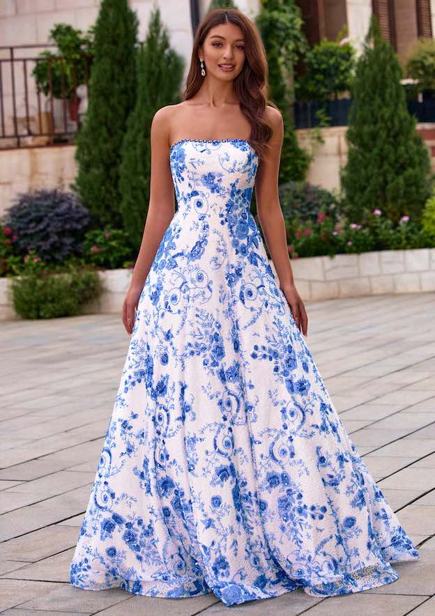 white dress with blue accents Floral Beaded Sequins Strapless Ball Gown Prom S8845P - Prom Dresses This blue floral midi code collection I’ve never smoked a Size:X-Small