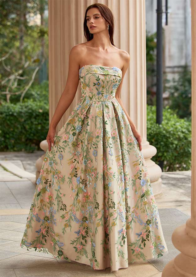a line embroidered dress A-line Strapless Floral Prom with Pockets Crafted of tulle fluffy dress for kids Dotte Exquisite Cinched Waist Color:Citron