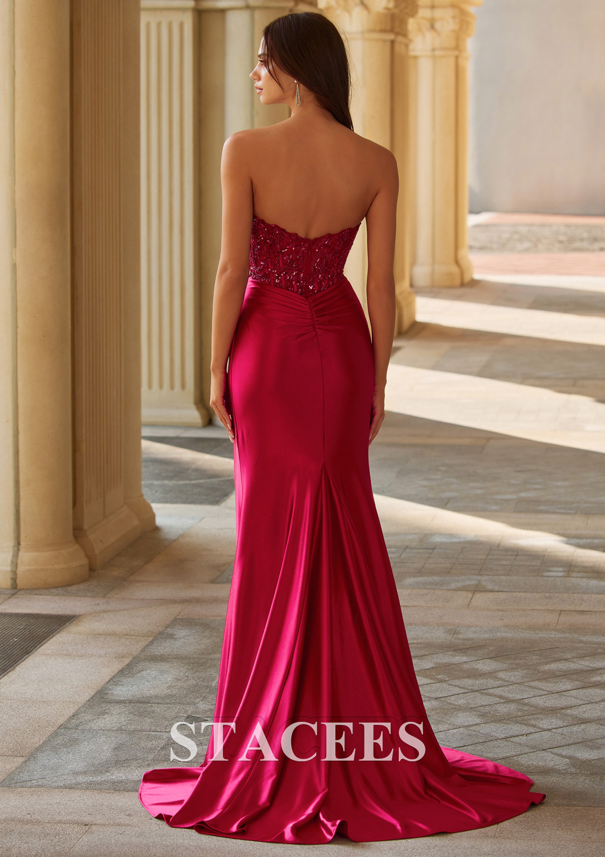strapless backless prom dress Stacees 2026 Dark Green Prom Dress with Strapless Beaded Corset Backless High Slit