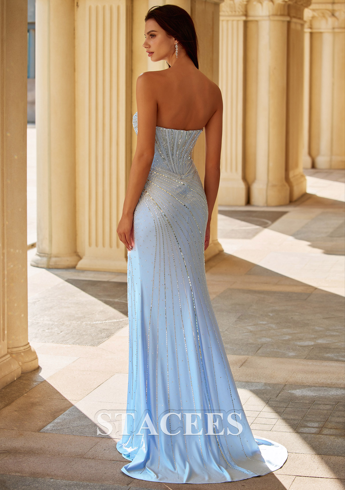 As Picture Sparkly Fitted Strapless Hotfix Prom Dress with Sweetheart High Slit - STACEES