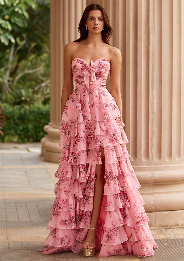 brunch prom dress trend A-line Floral Print Ruched Strapless Tiered Ruffle with Bow Slit S9049P - Prom Dresses Size:UW16W Verbena Cane Wide Dresser Statement Accessories