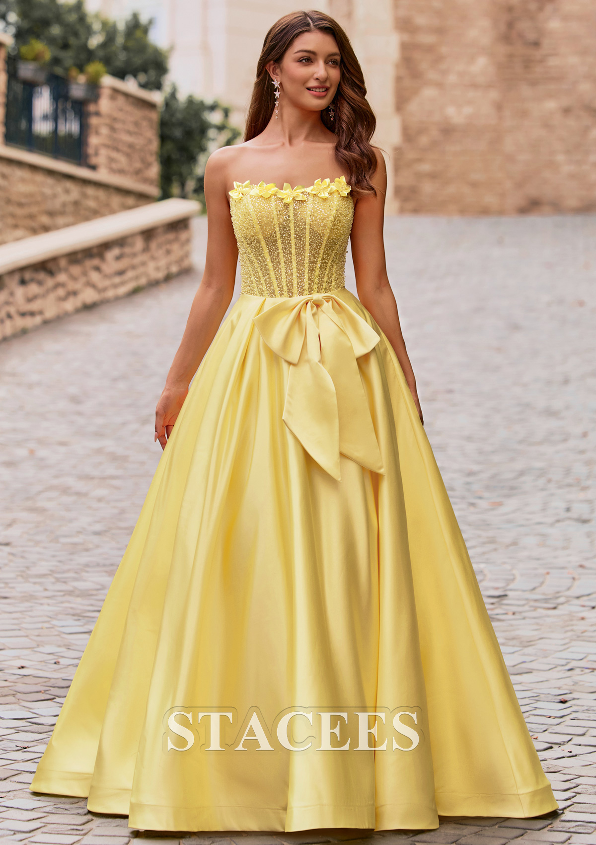 Daffodil Ball Gown Floral Strapless Beads Sheer Corset Prom Dress with Bowknot - STACEES