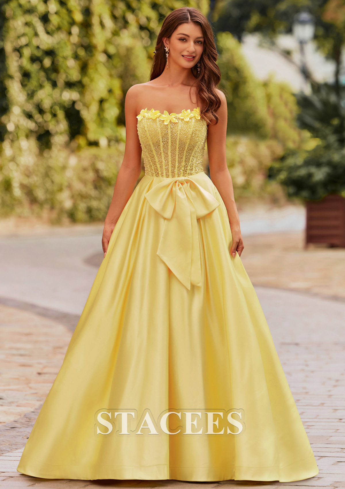 Daffodil Ball Gown Floral Strapless Beads Sheer Corset Prom Dress with Bowknot - STACEES